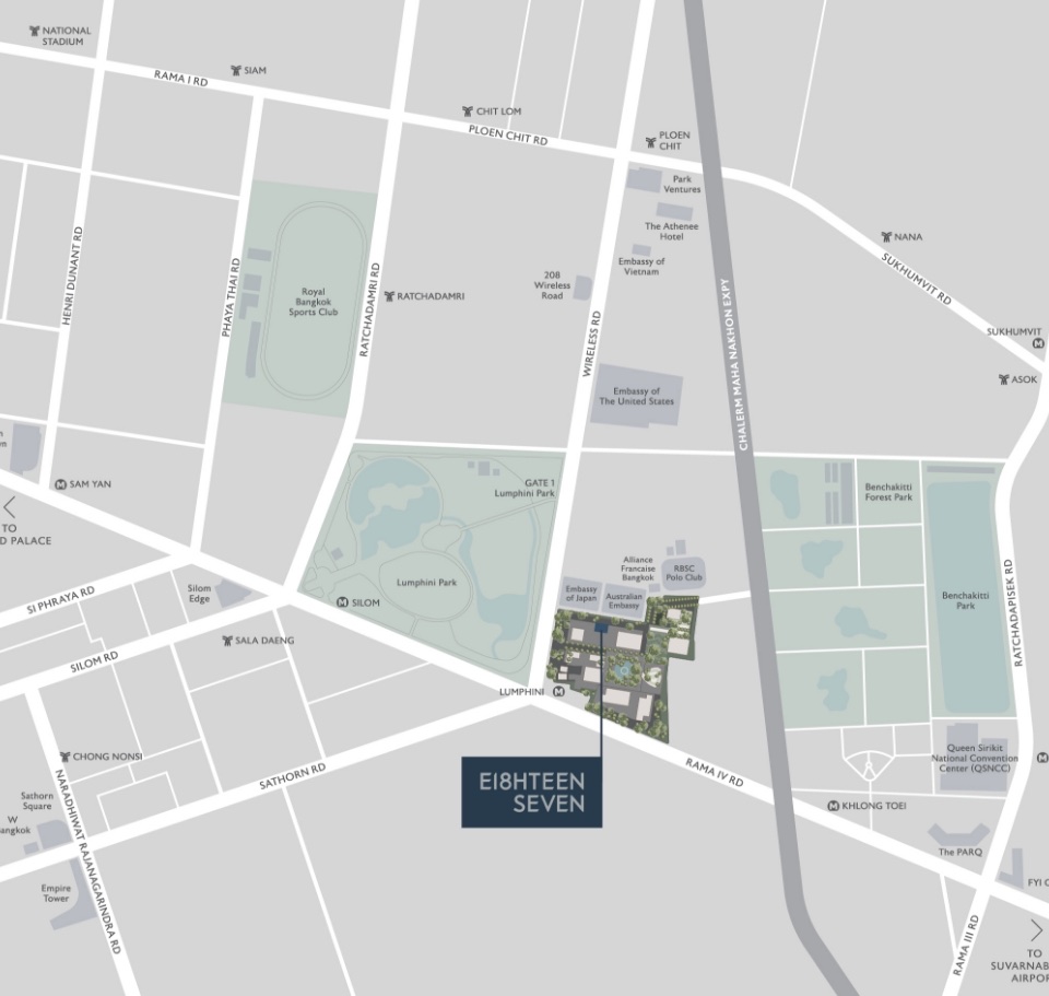 Map showing the building on Wireless Road beside Lumphini Park, near MRT Lumphini